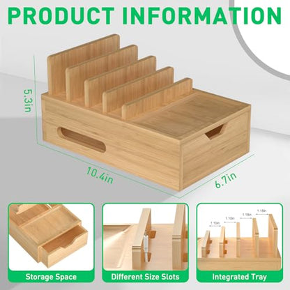 Bamboo Multi Device Charging Station Organizer with Drawer & Tray, Desk Docking Station Includes 6 Cables for iPhone, Cell Phones, Tablets, Power Banks for Home Office Nightstand (No USB Charger)