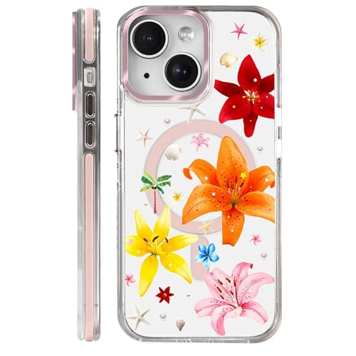 Clear Magnetic Case for iPhone 14, Slim Anti-Yellow Transparent Cover, Military Grade Protection, Phone Cases for iPhone 14, Colorful Lily Floral Summer - color: Colorful Lily Floral Summer, size: Iphone 14