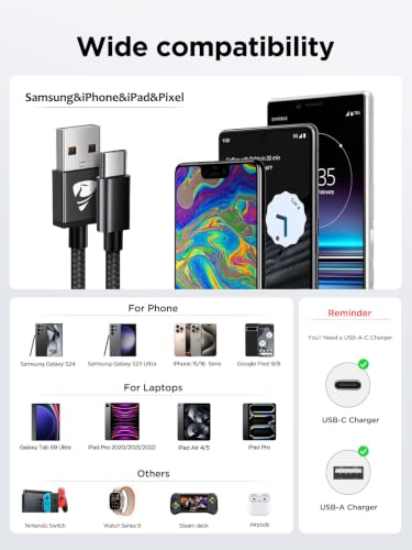 Aioneus USB A to USB C Cable 10 FT 2Pack 3A Fast Charging USBC Cord Braided - color: Black