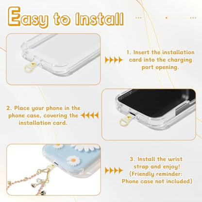 2 Pcs Phone Charm Wrist Strap with Tether Tab, Double Anti Lost Pearl Beaded Wrist Lanyard with Flower, Detachable Leather Metal Phone Charms for Bag, Key Chains, Camera Decor