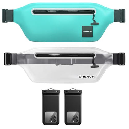 DRENCH trendy waterproof accessory – Blue + Clear Waterproof Fanny Pack Bundle, 2 Submersible Phone Pouches + Floating Cases