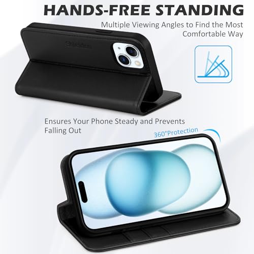 SHIELDON Genuine Leather Folio Wallet Case for iPhone 15 6.1" 2023, Black | Magnetic Closure, RFID Blocking, Credit Card Holder, Kickstand, Book Design, Soft Shockproof Phone Cover - color: Black
