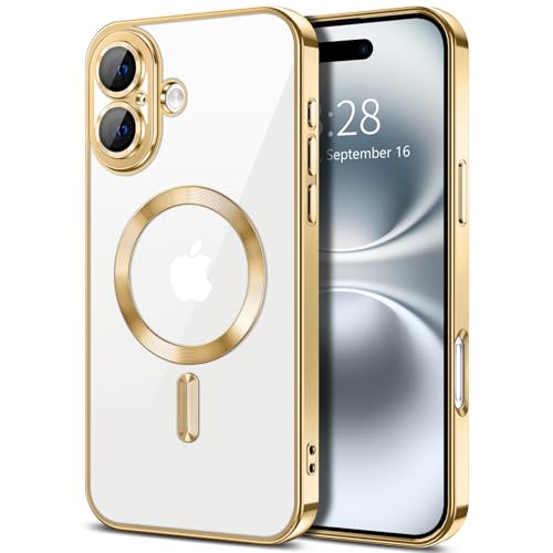 Hython Magnetic Clear for iPhone 16 Case with Camera Lens Protector [Compatible with MagSafe] Luxury Plating Edge Slim Soft TPU Cover Protective Phone Case for iPhone 16 6.1", Gold - color: Gold, size: Iphone 16 - 6.1 Inch