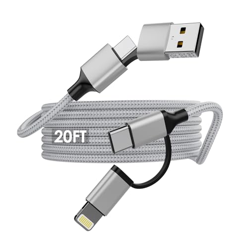 4-in-1 Long iPhone USB C Cable 60W 20FT USB C Lightning Cable [Fast Charging&Data Transfer] Nylon Braided Apple Charger Cable for iPhone iPad Mac Multi Charge Wire Combo with L/Type C/USB A Port Grey