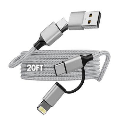 4-in-1 Long iPhone USB C Cable 60W 20FT USB C Lightning Cable [Fast Charging&Data Transfer] Nylon Braided Apple Charger Cable for iPhone iPad Mac Multi Charge Wire Combo with L/Type C/USB A Port Grey