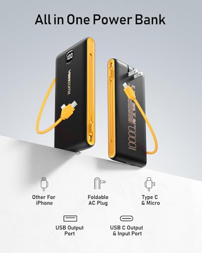 VEEKTOMX 10000mAh Portable Charger with Built-in Cables & Wall Plug - color: Dark Gray-Yellow