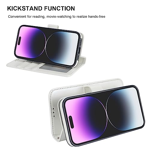 Bocasal Detachable Wallet Case Card Holder for iPhone 14 Pro Max White | RFID Blocking Kickstand Card Slots Holder PU Leather Magnetic Shockproof Wrist Strap Removable Flip Protective Cover 6.7 inch - color: White
