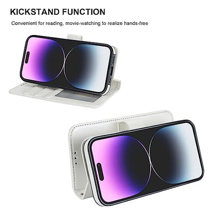 Bocasal Detachable Wallet Case Card Holder for iPhone 14 Pro Max White | RFID Blocking Kickstand Card Slots Holder PU Leather Magnetic Shockproof Wrist Strap Removable Flip Protective Cover 6.7 inch - color: White