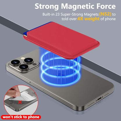 Upgraded MagSafe Wallet, Magnetic Phone Wallet 3 Cards Holder, 23 Magnets, Credit Card RFID Blocking, Slim Leather, Magnetic Wallets for iPhone 17/16/15/14/13/12 Series-Red - color: Red