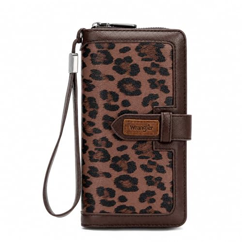 X Wrangler Women's Wallets Bifold Wristlet Wallets for Women Large Capacity Credit Card Wallet with ID Window - color: Leopard Coffee