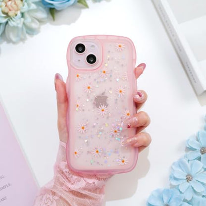 Glitter case for iPhone 13/14 Flowers Pink | Bling Sparkle Glitter，Flowers，Full Protection Soft TPU，Kawaii Cute Phone Case for Women Girls - color: Flowers Pink