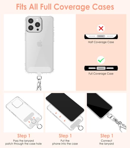 MoKo Universal Phone Lanyard, Metal Cell Phone Chain Crossbody Strap Anti-Theft Detachable Women Cellphone Lanyards Around The Neck with Patches for iPhone, Most Smartphones - Silver - color: Silver