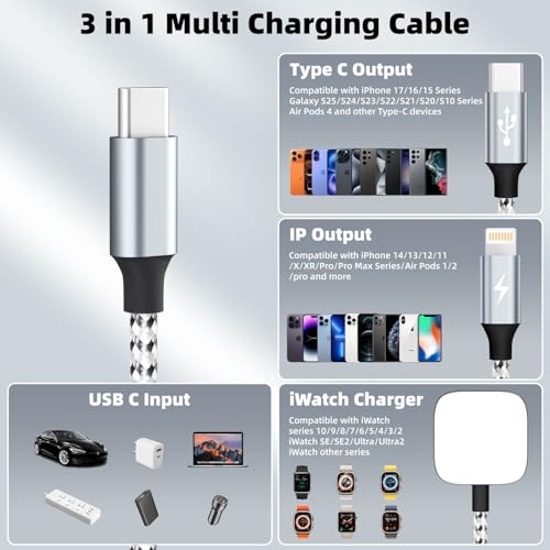 Travel Essentials 3in1 USB C Multi Charging Cable for iPhone Watch Charger - color: Gray&White, size: AC to C+L+iWatch