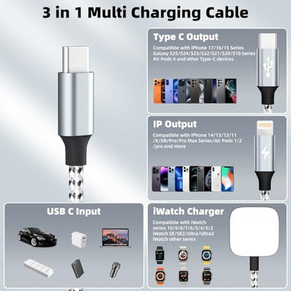 Travel Essentials 3in1 USB C Multi Charging Cable for iPhone Watch Charger - color: Gray&White, size: AC to C+L+iWatch