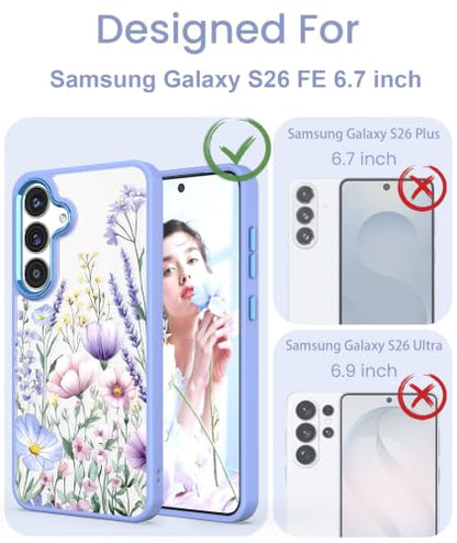 Clear Flower Pattern Case for Samsung Galaxy S26 FE-Light Purple | Girl Women Slim Soft TPU + Hard PC Military Grade Protective Phone Cover WithTempered Glass Screen Protector for S26 FE - color: S26 FE-Light Purple