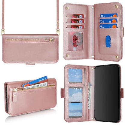 for iPhone 15 Pro Wallet Case for Women,for iPhone 15 Pro Case with Strap Crossbody Lanyard,PU Leather Shockproof Card Holder Stand Zipper Pocket Flip Phone Case-Rose Gold - color: Rose gold