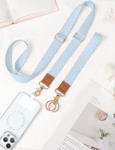 Phone Lanyard Crossbody Strap, Adjustable Neck Strap and Wristlet Strap for Phone Wallet ID Badge with 2 Phone Tabs - color: Blue Dots