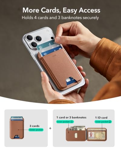 ESR for MagSafe Wallet with Adjustable Stand, 5 Card Holder | RFID Blocking, MagSafe Ring Included, Strong Magnetic Wallet for iPhone 17 Pro Max 17e 16 15 14 13 12, Selected Samsung,Brown - color: Brown