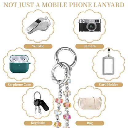 WOZEAH Crystal Cell Phone Lanyard Crossbody Strap for Women, Beaded Phone Strap for Cellphone Case with Tether Tab - color: Iridescent Square Crystal