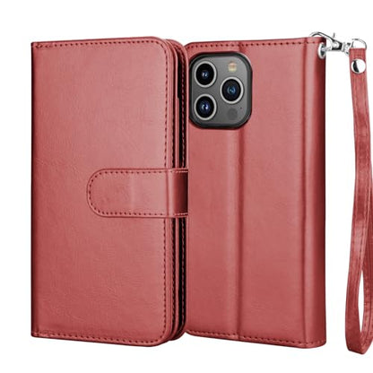 NJJEX Compatible with iPhone 16 Pro Max Wallet Case, 9 Card Slots, Wine Red | PU leather folio flip, detachable magnetic phone cover, integrated kickstand, included lanyard - color: Wine Red, size: iPhone 16 Pro Max