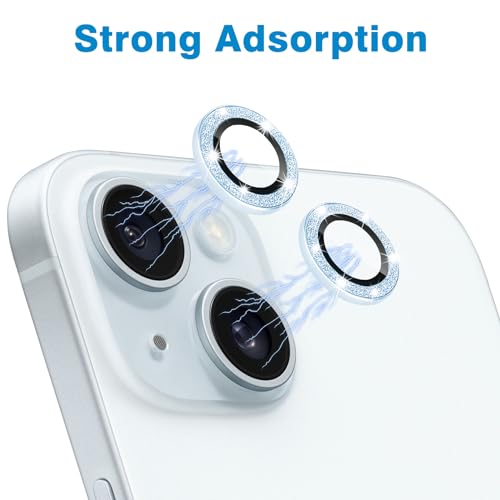 Compatible with iPhone 15 & iPhone 15 Plus Camera Lens Protector, Bling Glitter Diamond Len Cover 9H Tempered Glass Camera Cover Anti Scratch Shockproof Screen Protector Individual Metal Lens Ring - 2PCS Glitter Sierra Blue - color: Sierra Blue Glitter