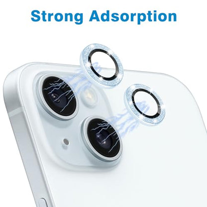 Compatible with iPhone 15 & iPhone 15 Plus Camera Lens Protector, Bling Glitter Diamond Len Cover 9H Tempered Glass Camera Cover Anti Scratch Shockproof Screen Protector Individual Metal Lens Ring - 2PCS Glitter Sierra Blue - color: Sierra Blue Glitter