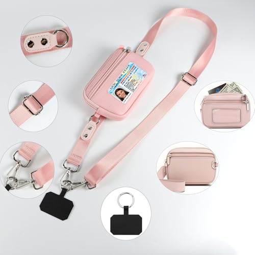 Phone Lanyard Crossbody with Wrist Strap, Adjustable Phone Strap Crossbody with Detachable Wallet for All Phones,Universal Cell Phone Neck lanyard for Travel Essentials-Pink - color: Pink