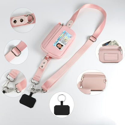 Phone Lanyard Crossbody with Wrist Strap, Adjustable Phone Strap Crossbody with Detachable Wallet for All Phones,Universal Cell Phone Neck lanyard for Travel Essentials-Pink - color: Pink