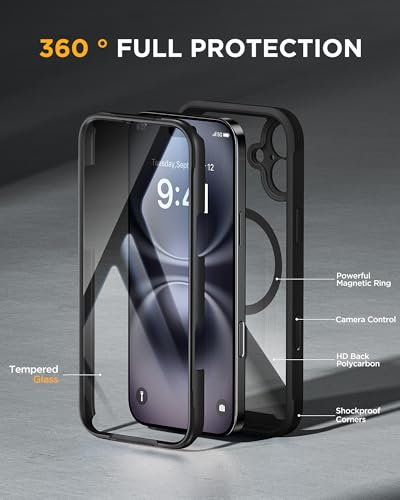 miracase for iPhone 16 Case 6.1'', Full-Body Bumper Phone case with Built-in Full Glass Screen &Camera Control,No Gap,Compatible with MagSafe,Drop Proof 16 Cover,Black - color: Magnetic Classic Black, size: iPhone 16