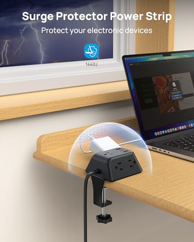 TROND Desk Clamp Power Strip, Surge Protector with 5 Widely Spaced Outlets - color: Black, size: 10FT (2U1C)