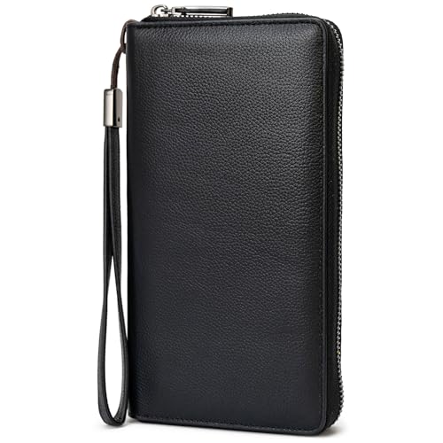 Bveyzi Women RFID Blocking Wallet Leather Zip Around Phone Clutch Large Capacity Ladies Travel Purse Wristlet - color: Black
