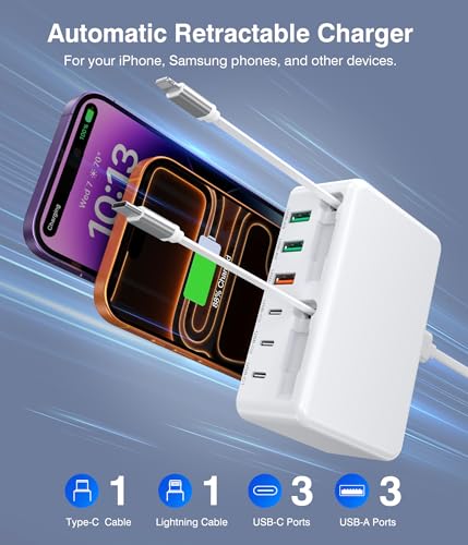 8-in-1 Retractable USB C Charger Charging Station Hub for Multiple Devices - color: White