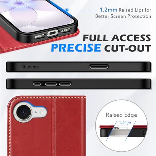 SHIELDON Genuine Leather Case Wallet for iPhone 17e/16e 6.1", Retro Red | Folio Magnetic Closure, RFID Blocking, Credit Card Holder, Kickstand, Shock Absorbing Protective Cover for Men Women - color: Retro Red