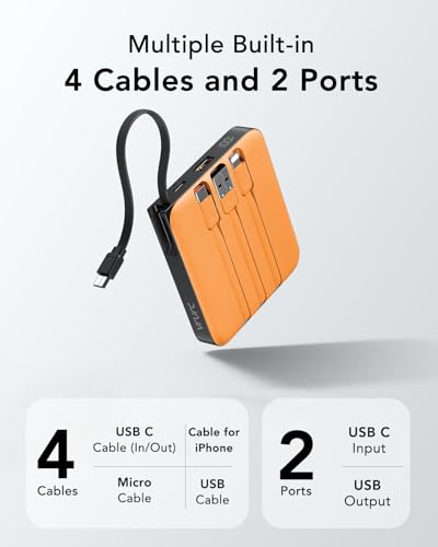 Portable Charger Built-in Cables,10000mAh 22.5W Fast Charging Power Bank - color: Orange