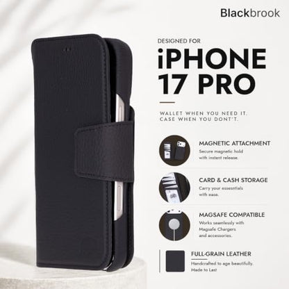 BLACKBROOK Detachable Leather Wallet Case Compatible with iPhone 17 Pro | Full-grain detachable folio with RFID blocking, 3 card slots, ID window, built-in kickstand, wireless charging, handcrafted. - color: Pebble Black, size: iPhone 17 Pro