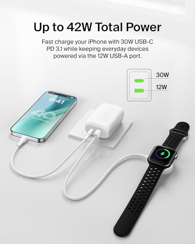 Belkin 42W Dual Port Charger Block, USB-C + USB-A Fast Charging - color: White