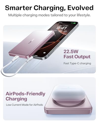 TORRAS MiniMag Power Bank,Ultra-Slim 10,000mAh Magnetic Wireless Portable Charger, 22.5W Fast Charging iPhone Air Magnetic Battery Pack Designed for iPhone 17 Pro Max/17 Pro/Air/16/15/14/13/12, Pink - color: Dawn Rose