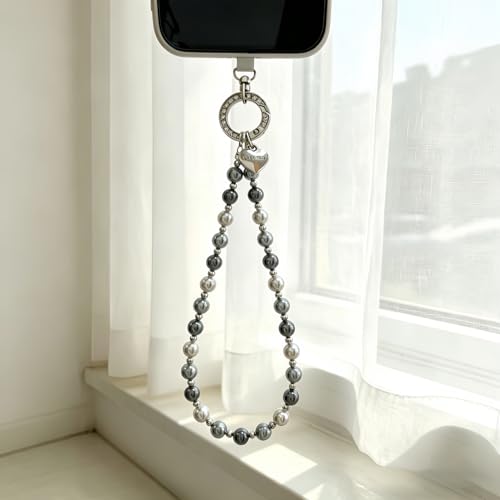 Phone Charm Wrist Strap for Women, Detachable Anti-Theft Cell Phone Case Camera AirPods Bags Keychains Lanyard with Tether Tab for iPhone, Samsung and Most Smartphones, Hand-free Beaded Chain (Black and Gray) - color: Black and Gray