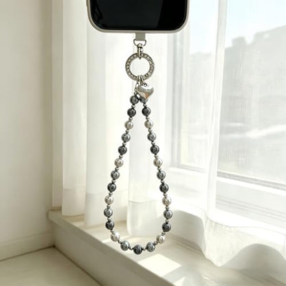 Phone Charm Wrist Strap for Women, Detachable Anti-Theft Cell Phone Case Camera AirPods Bags Keychains Lanyard with Tether Tab for iPhone, Samsung and Most Smartphones, Hand-free Beaded Chain (Black and Gray) - color: Black and Gray
