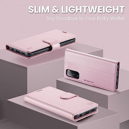 FLIPALM Wallet Case for Samsung Galaxy S20 FE 5G, Rose Gold | Card Holder, RFID Blocking, PU Leather Folio Flip, Kickstand, Protective Shockproof Cover - color: Rose Gold