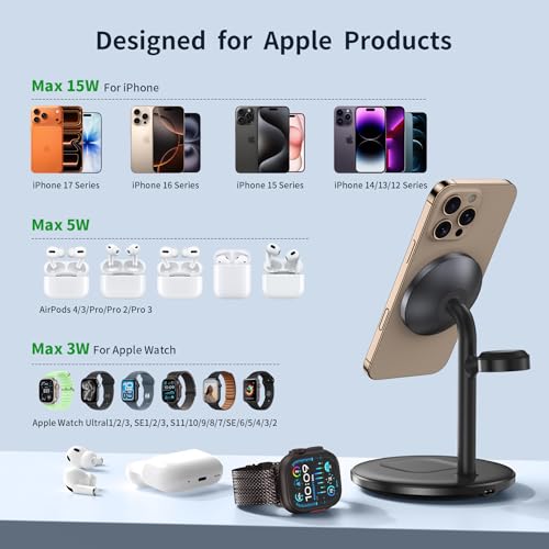 3 in 1 Wireless Charging Station for Apple Devices, Standard 15W Fast Wireless Mag-Safe Charger Stand with 20W Adapter for iPhone 15 14 13 12 Pro Max/Plus/Pro/Mini,iWatch Ultra 1,2 Series 9, AirPods - color: Black