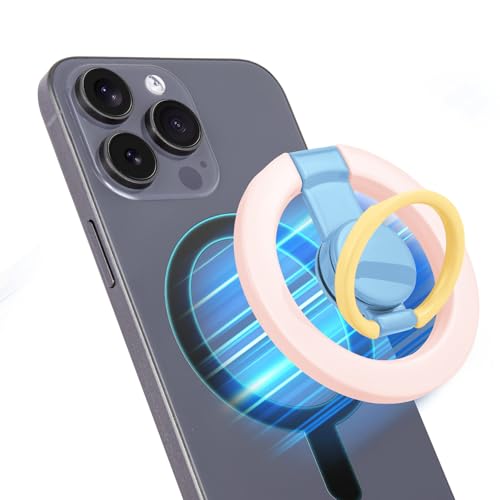 Magnetic Phone Ring Holder with Metal Ring Sticker, Long Grip as Hook, Cell Phone Grip for Hand Removable Finger Holder Compatible for MagSafe Sticker iPhone 17/16/15/14/13/12 Series, Pink - color: Pink with Blue Center