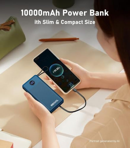 Portable Charger with 4 Built-in Cables, 10000mAh Power Bank, Blue - color: Blue