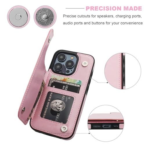 ONETOP for iPhone 15 Pro Wallet Case with Credit Card Holder,Pink | Kickstand,ID/Cash Holder,Case Wallet with Card Slots,Double Magnetic Clasp,Durable PU Leather Shockproof Cover for Women Men - color: Pink