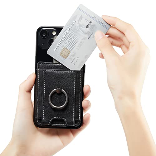 2Pcs RFID Leather Card Holder for Phone, Stick-On Wallet with Ring | Phone Wallet Stick On Back Of Phone Case. Adhesive For iPhone Wallet Holds Credit Cards/ID/Pockets. Viewing Freely Ring Stand - color: Black+Black
