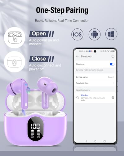 Wireless Earbuds, Bluetooth 5.4 Headphones Bass Stereo/Clear Calls, Purple - color: Purple