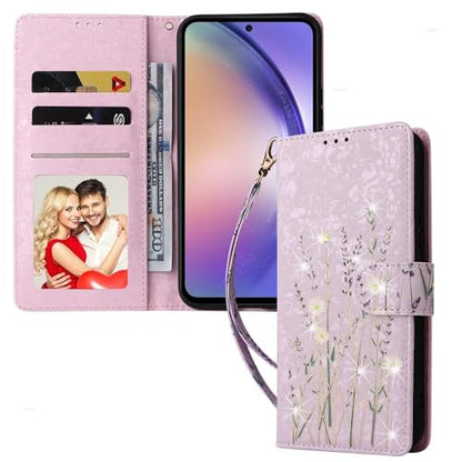 UEEBAI Wallet Case for Samsung Galaxy A15 4G/5G, PU Leather Phone Case Kickstand RFID Blocking Flip Case Card Slots Wrist Strap Relief Engraved Pattern Magnetic Closure Folio Case - Pansy - color: Pansy, size: Samsung Galaxy A15 4G/5G