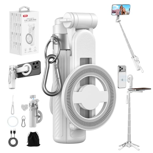 Upgrated 5-in-1 Magnetic Selfie Stick with Remote for Cell Phone 360° Rotation.Can Transforms into Mini Tripod/Camera Grip/Handheld Stabilizer/Phone Stand.Extend to 25 inches - color: White