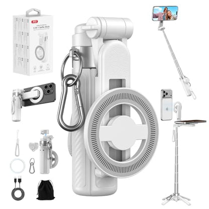 Upgrated 5-in-1 Magnetic Selfie Stick with Remote for Cell Phone 360° Rotation.Can Transforms into Mini Tripod/Camera Grip/Handheld Stabilizer/Phone Stand.Extend to 25 inches - color: White