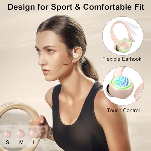 Matast Wireless Earbuds, Bluetooth 5.4 Headphones Sports, 50H Playback Over-Ear Buds with ENC Noise Cancelling Mic, 3D HiFi Stereo Fitness Earphones with Earhooks, IP7 Waterproof Headset for Runing - color: Shiny Pink
